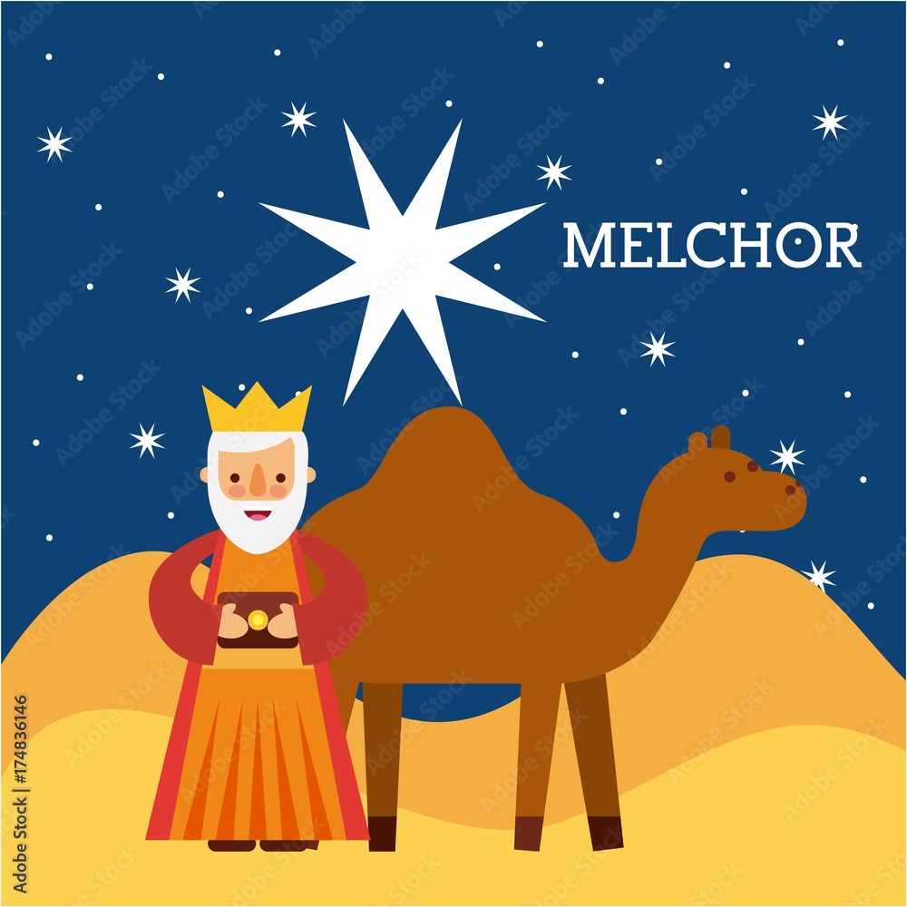 melchor wise king nad camel wise king manger character bringing gift to jesus vector illustraton melchor wise king nad camel wise king manger character bringing gift to jesus vector illustraton