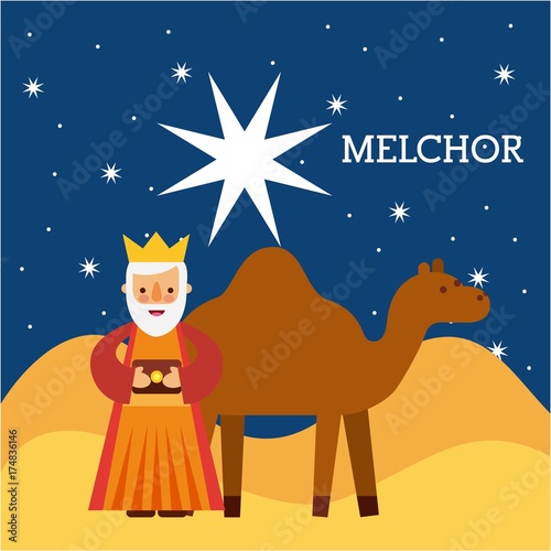 melchor wise king nad camel wise king manger character bringing gift to jesus vector illustraton