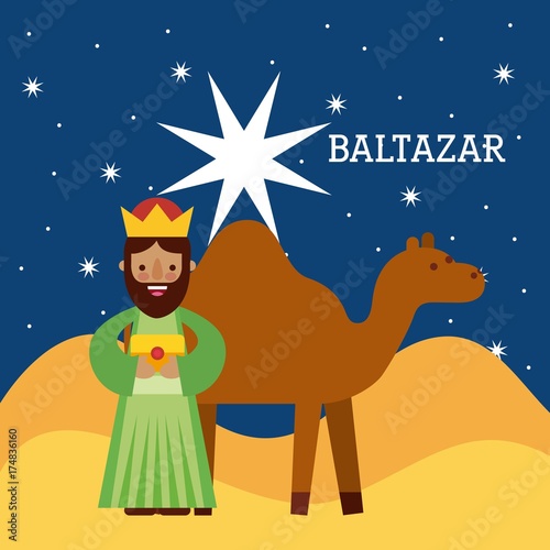 baltazar wise king nad camel wise king manger character bringing gift to jesus vector illustraton