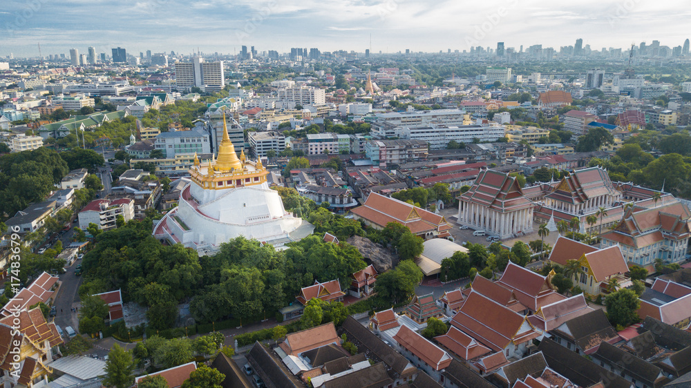 Beautiful Golden Mount Temple Fair, Golden Mount Temple in Bangkok at dusk,  The most travel Landmark of Bangkok Thailand 