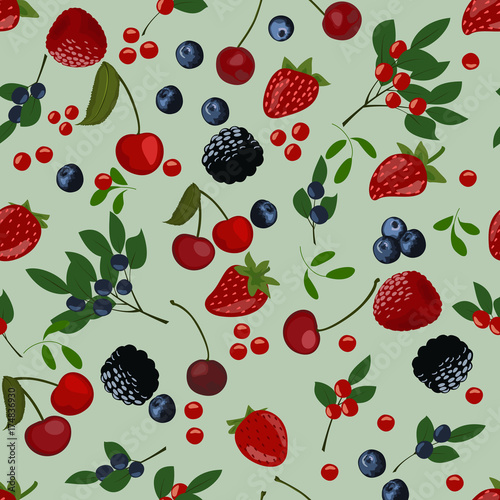 Seamless pattern of berries. Slices of blueberries, cranberries, lingonberries, cherries and strawberries.