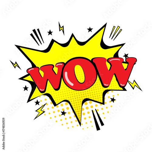 Comic speech bubble with expression text Wow! Stars and clouds. Pop Art Comics Style. isolated on background. Vector illustration.
