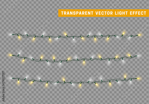 Lights string garlands color white and yellow. Christmas lights isolated realistic design. Glowing Xmas decorations.