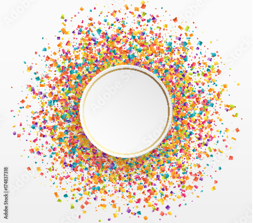 Colorful celebration background with confetti. Paper white bubble for text.