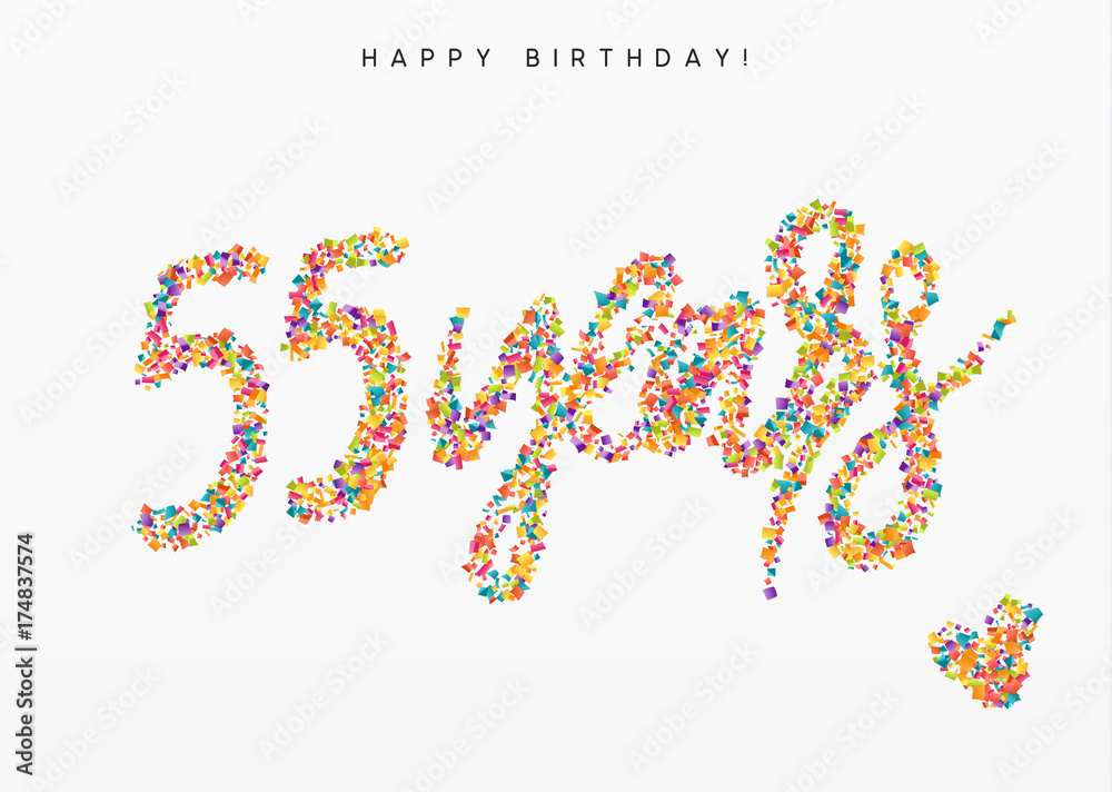 Fifty-five years, lettering sign from confetti. Holiday Happy birthday. Vector illustration.