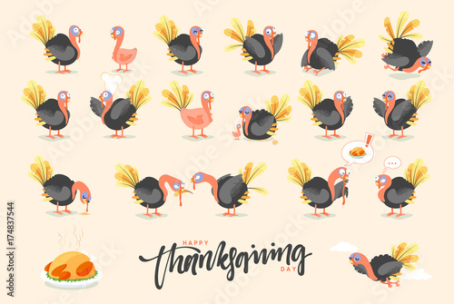 Collection cartoon Turkey bird. Happy Thanksgiving Celebration. Funny character turkey