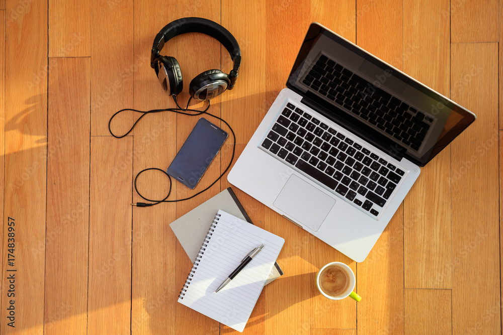 Modern workspace at home. Top view