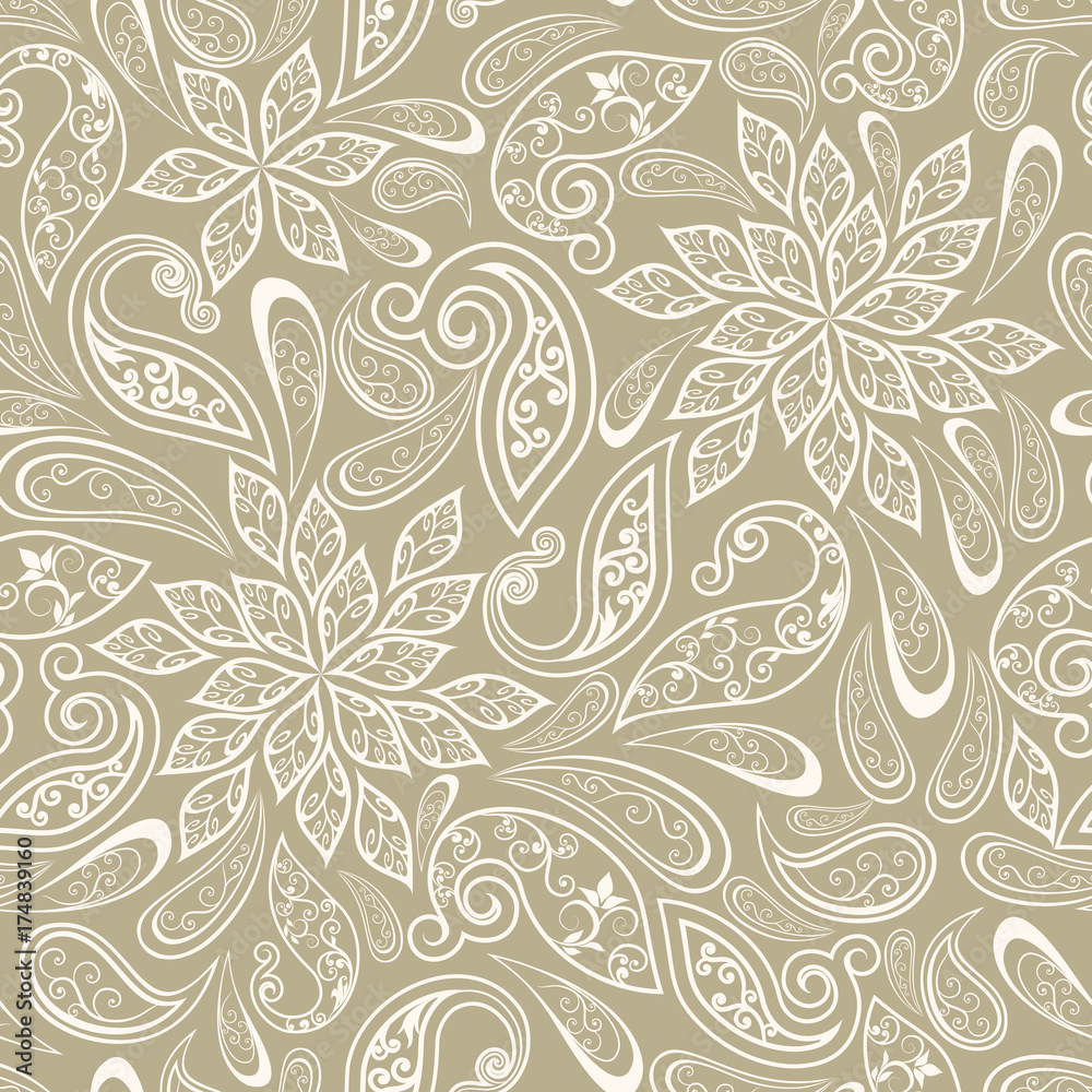 Seamless pattern in ethnic traditional style. Abstract vintage pattern with decorative flowers, leaves and Paisley pattern in Oriental style.