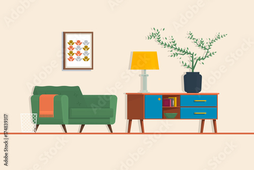 Armchair, couch, lamp. Isolated vector objects.Living room. Vector flat illustration. photo