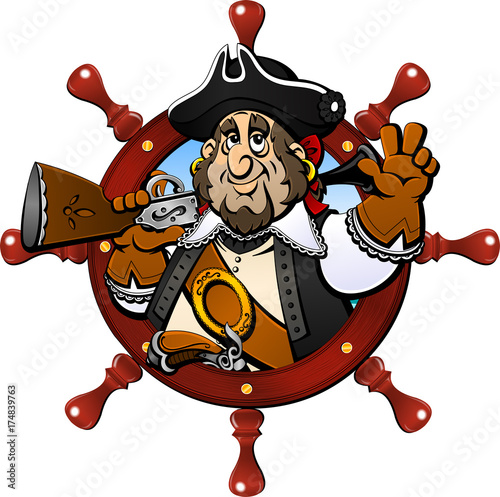 Pirate. In a round frame from the ship steering wheel. Avatar, icon, emblem.
