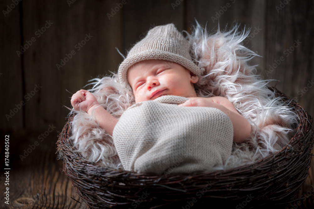 Obraz premium Lovely newborn infant sleeping on a fluffy blanket