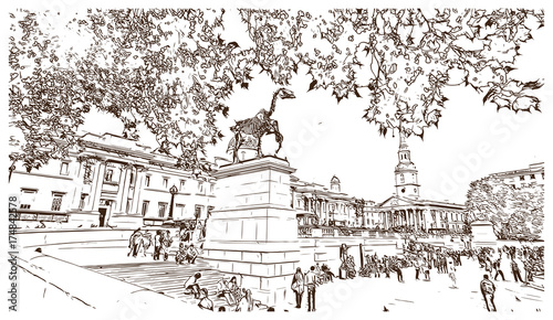 Sketch of The National Gallery is an art museum in Trafalgar Square in the City of Westminster, in Central London UK ( United kingdom, England ) in vector illustration