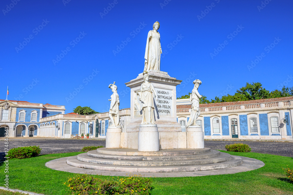 Statue of Queen Maria I of Portugal at entrance of National Palace of Queluz in Sintra, Lisbon district, Portugal. The Royal Palace of Queluz was the summer residence of the Portuguese royal family.