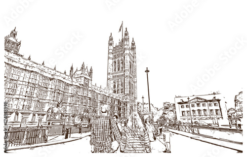 Sketch of Big Ben and houses of parliament London UK ( United kingdom, England ) in vector illustration