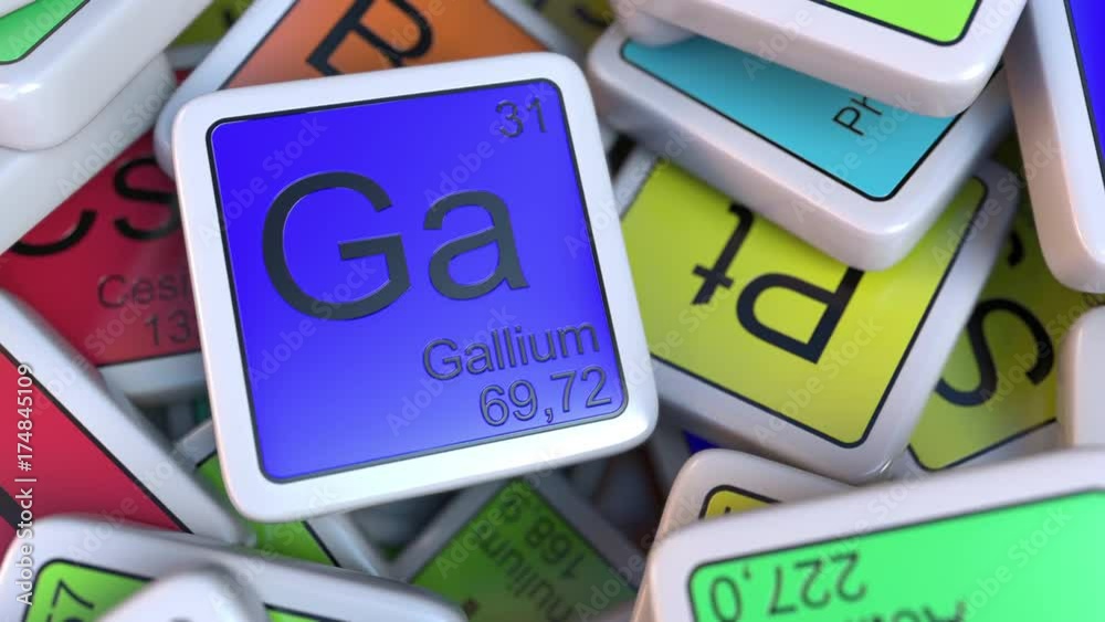 Gallium Ga block on the pile of periodic table of the chemical elements