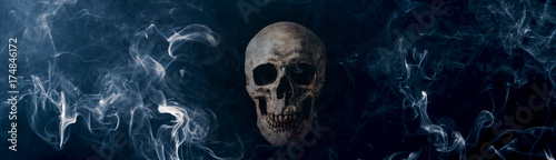human skull with white smoke in blue mood against dark background