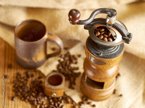 coffee beans and coffee grinder.