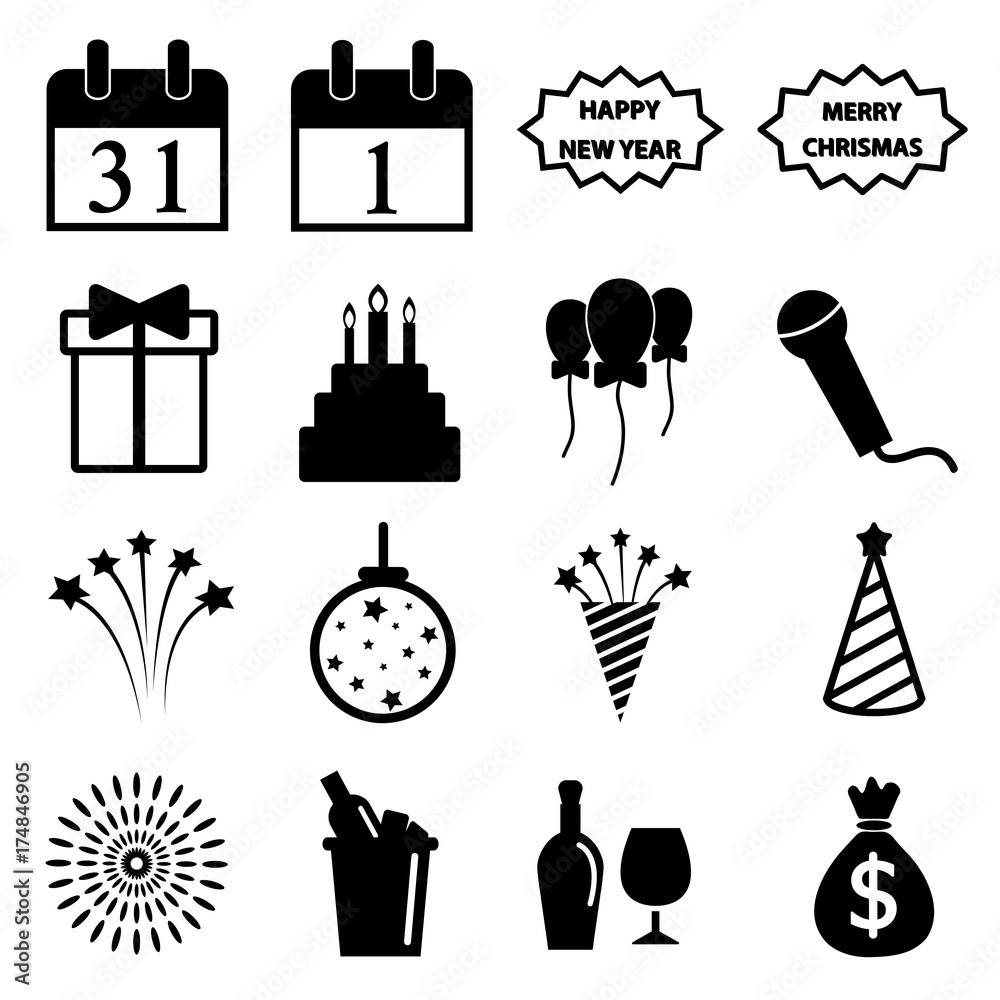 happy new year icon set