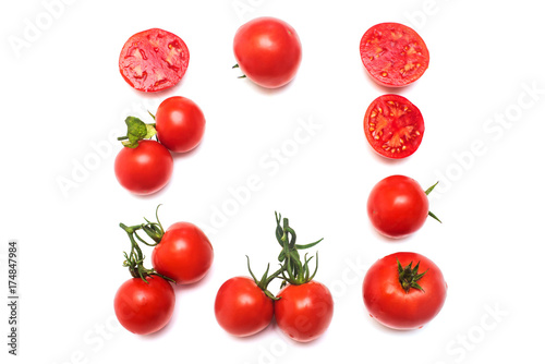 Tomatoes collection of whole and sliced isolated on white background. Tasty and healthy food. Flat lay, top view