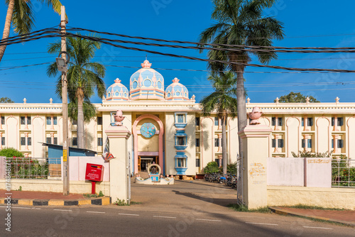 View of the indian building, Puttaparthi, Andhra Pradesh, India. Copy space for text. photo