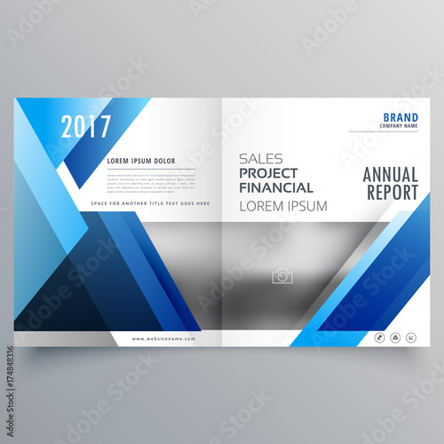 blue business bi fold brochure design template in geometric shape style