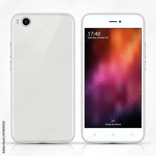 white glossy smartphone high quality front and back on light background with reflection