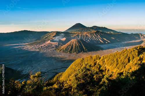 Mount Bromo volcano (Gunung Bromo) during sunrise from viewpoint on Mount Penanjakan, in East Java, Indonesia.