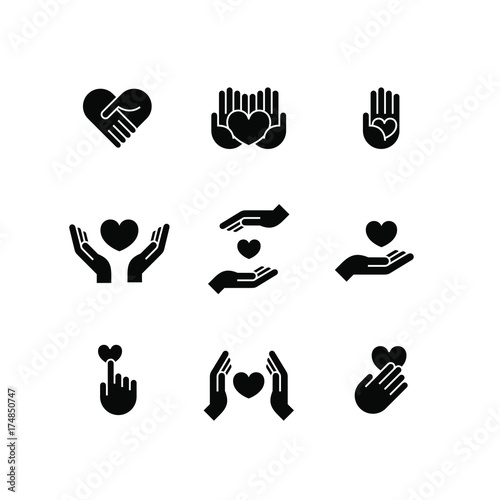 Charity Volunteer Collaboration Heart Love Hands Icon Set