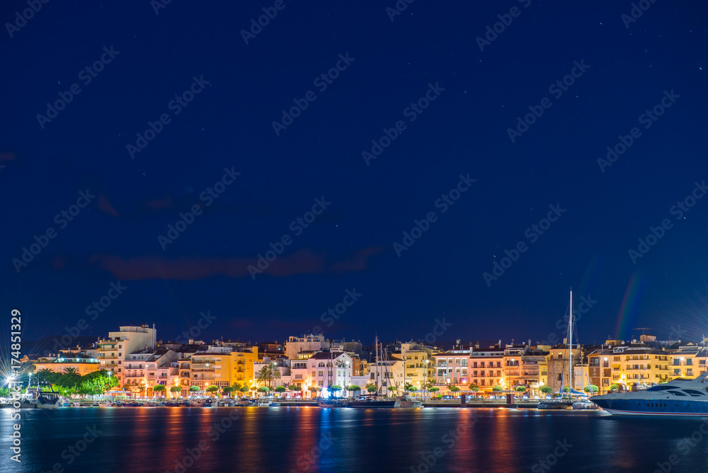 View of the night embankment of the city of Cambrils, Catalunya, Spain. Copy space for text.