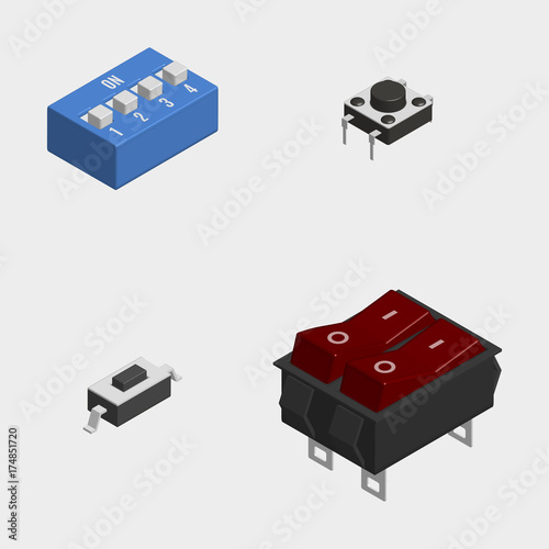 Set of different electrical buttons and switches in 3d, vector illustration.