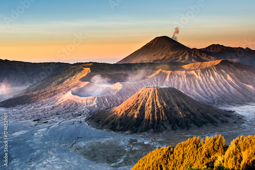 Mount Bromo volcano (Gunung Bromo) during sunrise from viewpoint on Mount Penanjakan, in East Java, Indonesia.