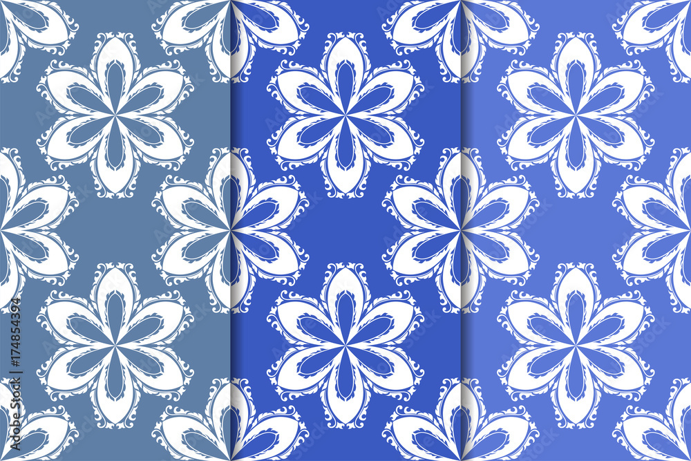 Set of floral ornaments. Vertical blue seamless patterns Set of floral ornaments. Vertical blue seamless patterns