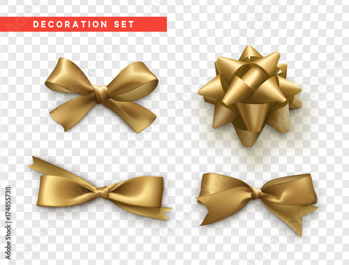 Bows gold realistic design. Isolated gift bows with ribbons.