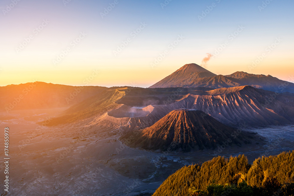 Mount Bromo volcano (Gunung Bromo) during sunrise from viewpoint on Mount Penanjakan, in East Java, Indonesia.