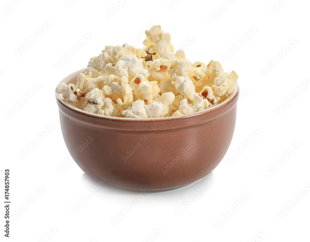 Bowl with popcorn on white background