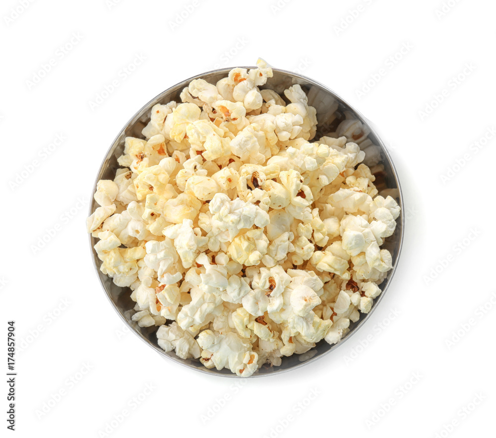 Metal bowl with popcorn on white background Metal bowl with popcorn on white background