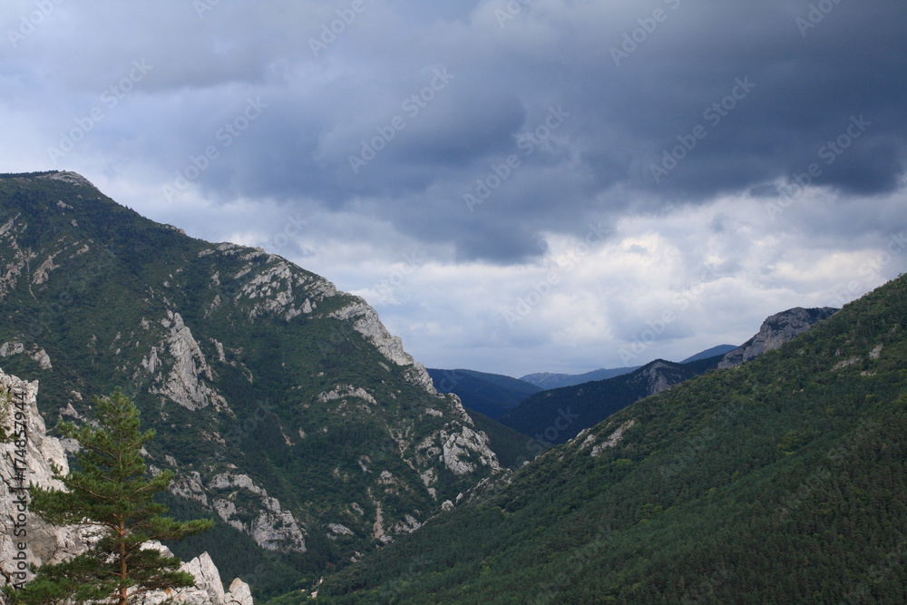 pyrenean landscape and dramatic sky in Aude,  Occitanie in south of France