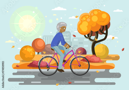An African American senior woman on bike in the city park. Fall sunny day. Autumn clear weather park. Flat vector illustration.