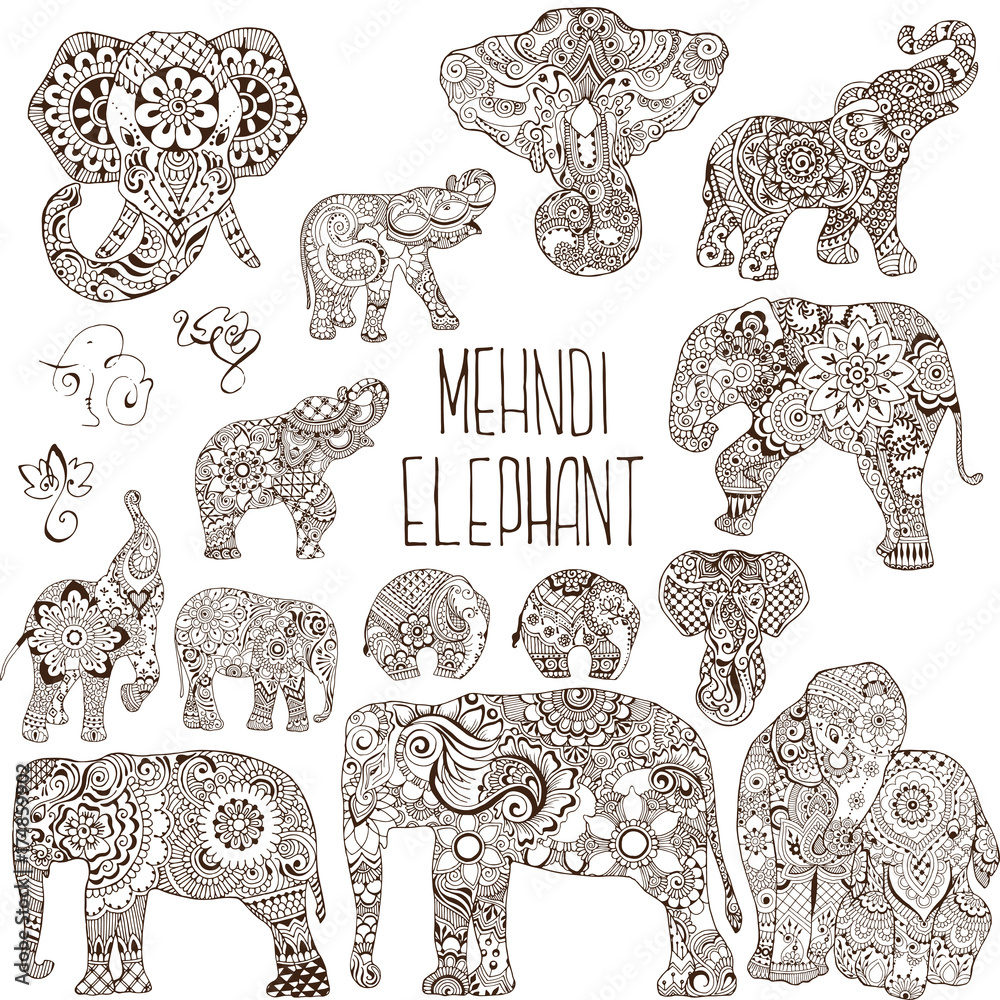 Naklejka premium Elephants in the style of mehendi.