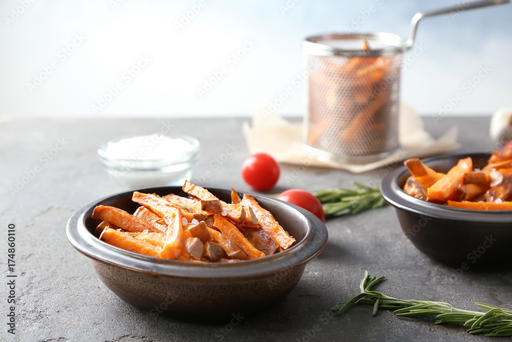 Sweet potato fries on table Sweet potato fries on table