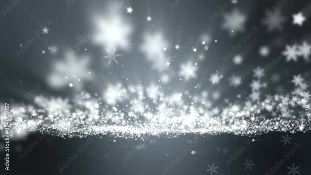 Seamless loop Christmas video abstract background, snowflakes with shine light beam.
