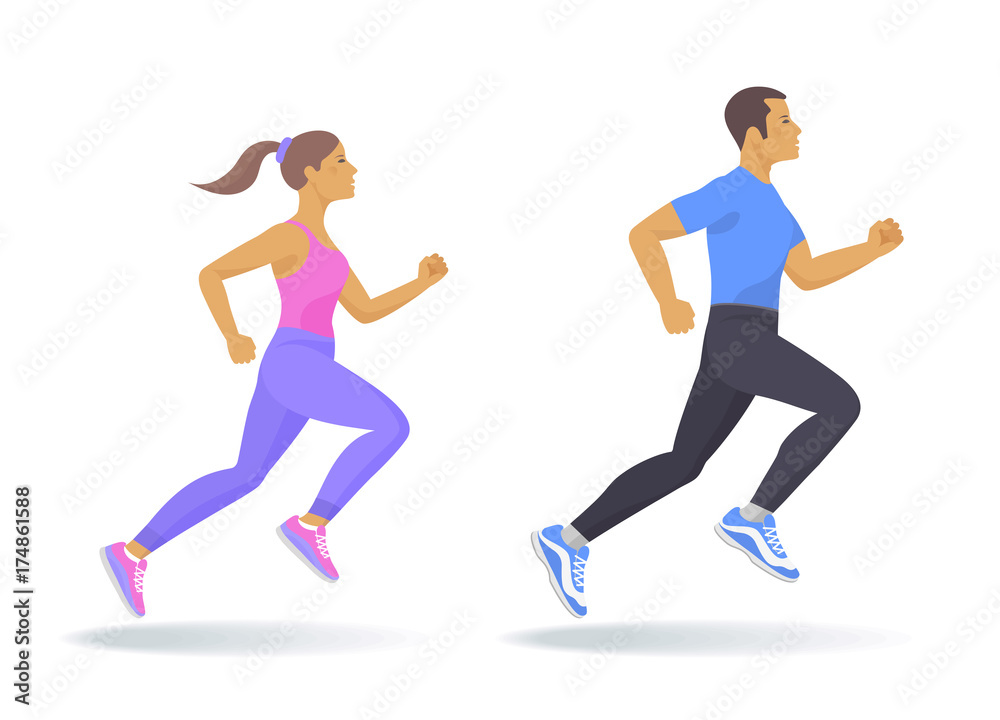 The running people set. Side view of active sporty running young woman and man in sportswear. Sport, jogging, fitness, workout, training concept. Flat vector illustration isolated on white background