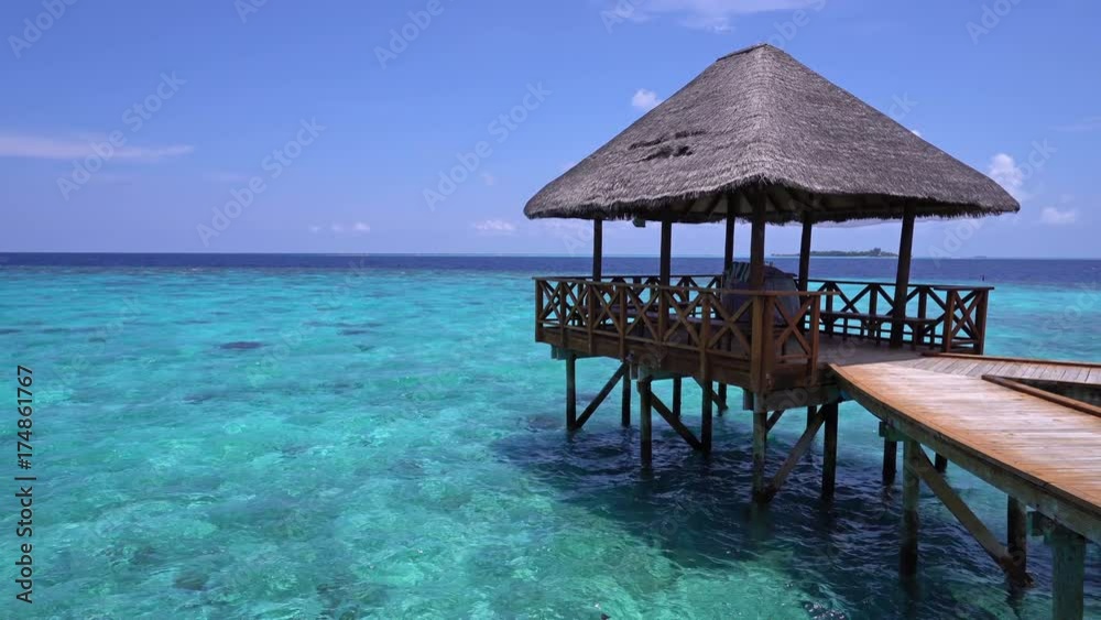 Tropical travel card with pristine beach and water bungalows at maldivian island Tropical travel card with pristine beach and water bungalows at maldivian island