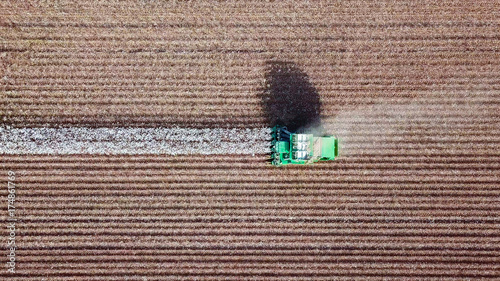 Obraz na płótnie Aerial view of a Large green Cotton picker working in a field.