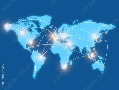 World connection concept. Illustration of world map point, line, composition, representing the global, Global network connection.