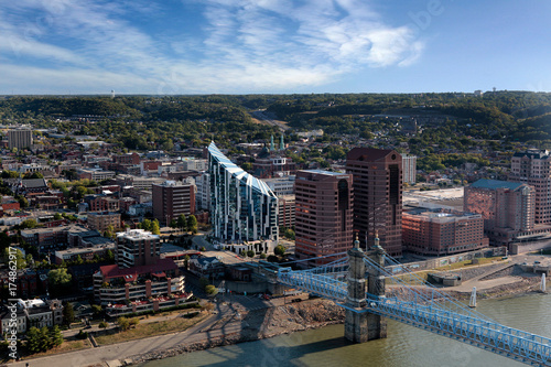 Aerial View of Covington Kentucky and the Roebling Suspension Bridge photo