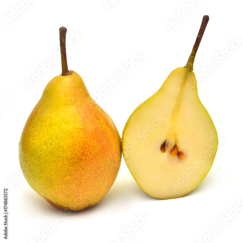Pears cut into slices beautiful fruit isolated on white background. Delicious and healthy food for weight loss and after sports.