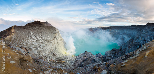 Lake and Sulfur Mine at Khawa Ijen Volcano Crater, Java Island, Indonesia