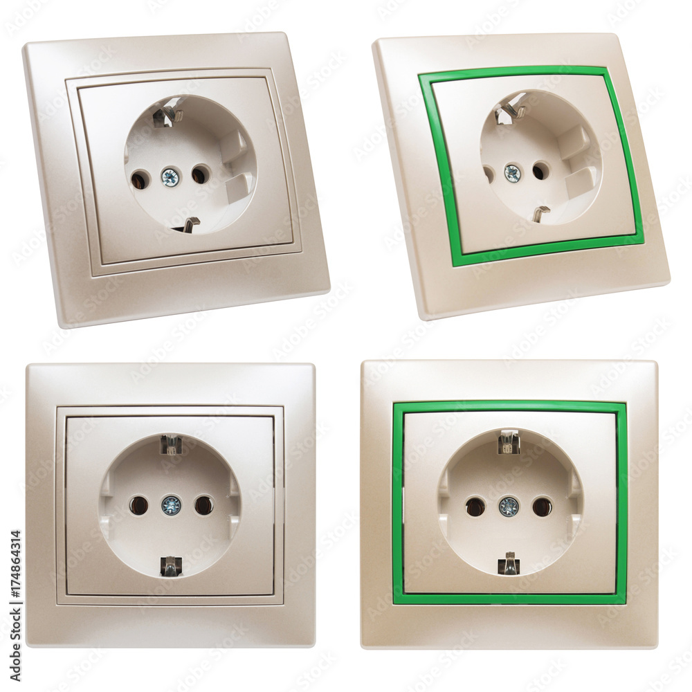 Collection electrical outlet isolated on white background. Flat lay, top view Collection electrical outlet isolated on white background. Flat lay, top view