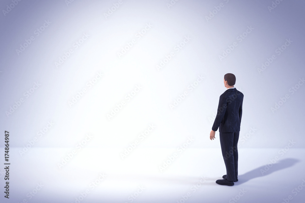 toy miniature businessman figure standing and looking at empty white lit space, concept background